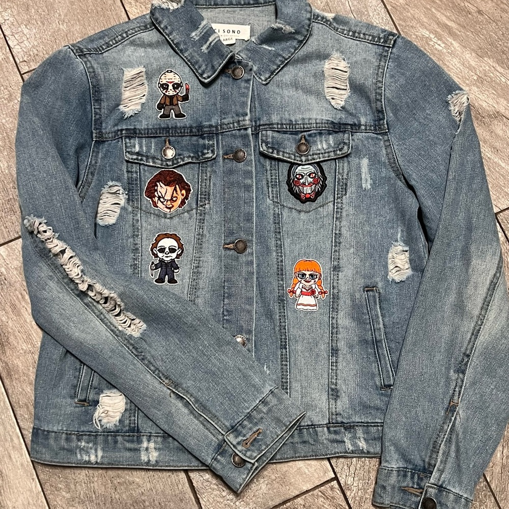 Upcycled Distressed Denim‎ Jacket with Horror Movie Patches Size Large
